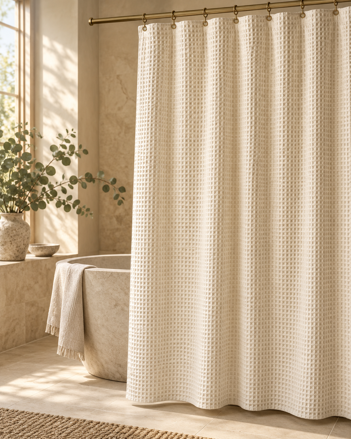 PUREBRIO shower curtain bringing soft texture to a bathroom